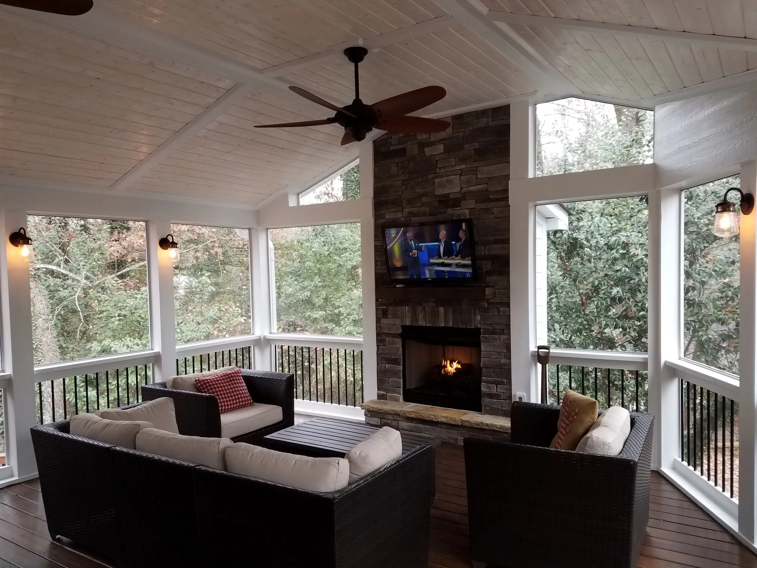 Interior of a covered outdoor porch with open sides