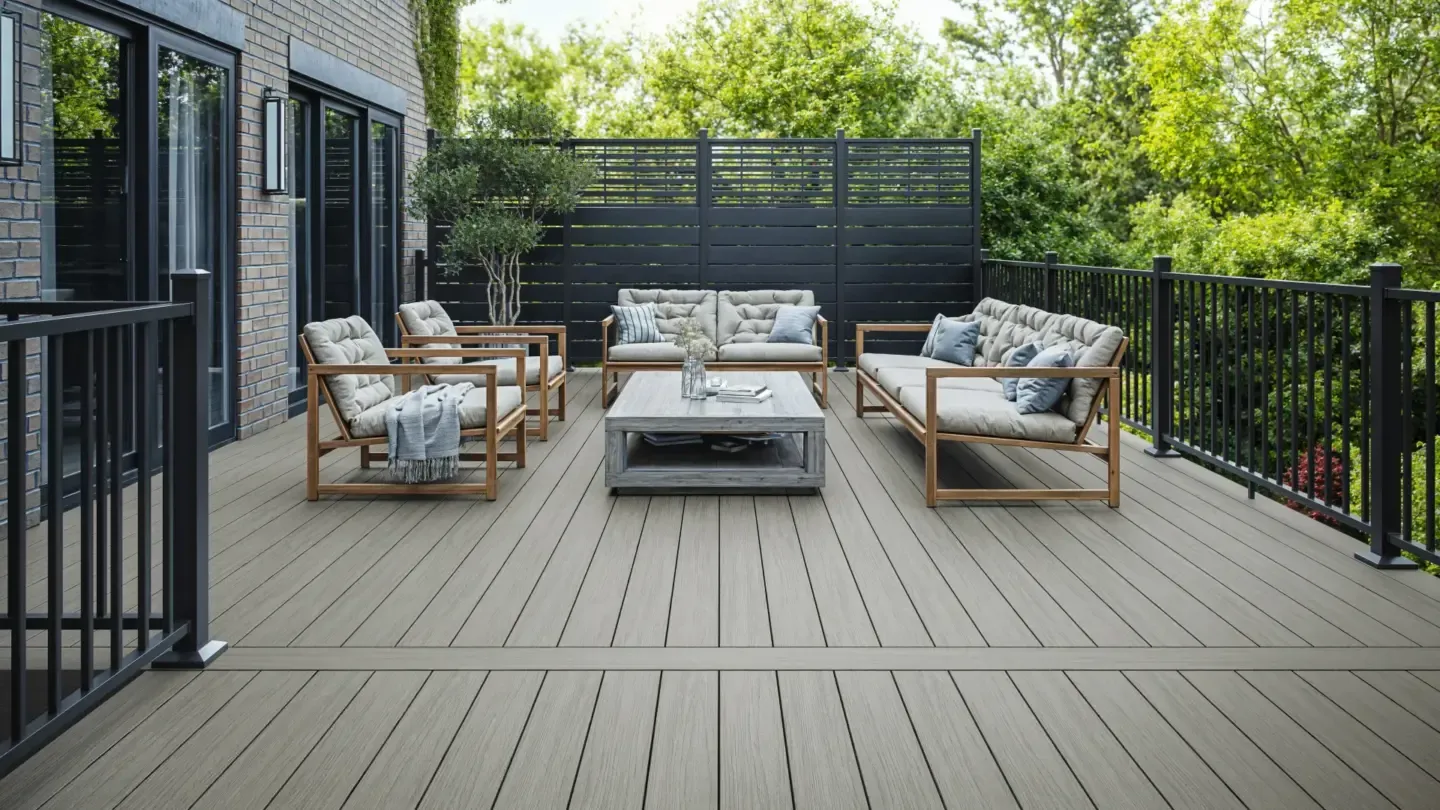 Slatted privacy screen beside a furnished deck